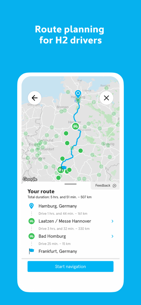 H2.LIVE - Die H2.LIVE App-Oberfläche zeigt eine geplante Route von Hamburg nach Frankfurt mit ausgewiesenen Wasserstoffbetankungsstopps unterwegs.