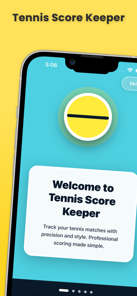 Welcome screen of the Tennis Score Keeper app showing the logo and introductory text on an iPhone.