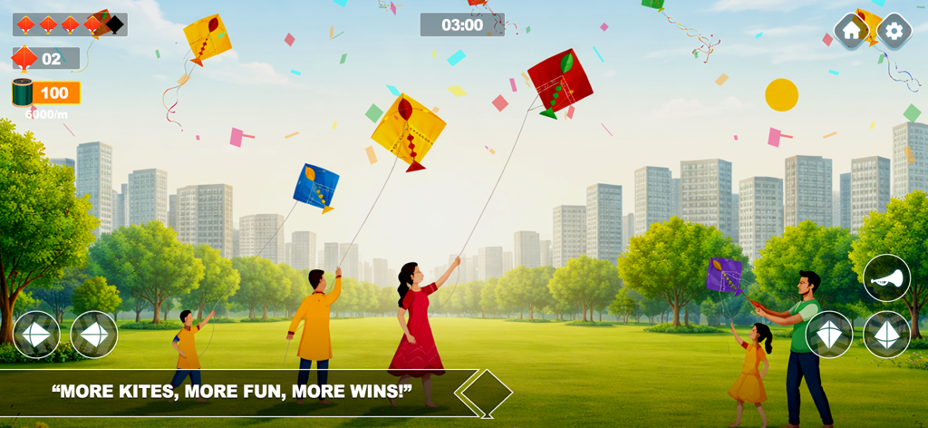 People flying colorful kites in a green city park with skyscrapers in the background
