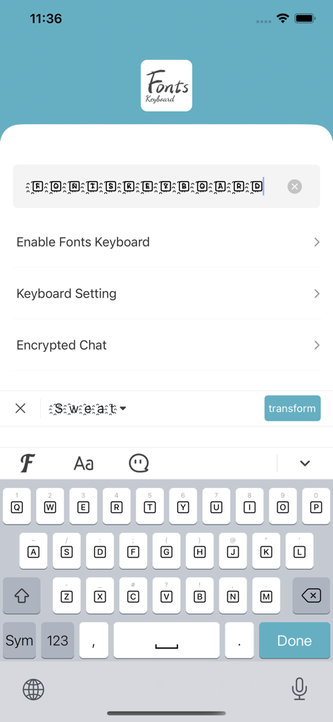 Fonts Keyboard - Main screen of the Fonts Keyboard app featuring custom font styles and keyboard settings