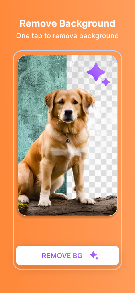 Poster Maker - Flyer Creator, - Eine Demonstration des KI-Tools zur Hintergrundentfernung in der Poster Maker App, die einen Hund zeigt, dessen Hintergrund durch ein transparentes Gitter ersetzt wird.