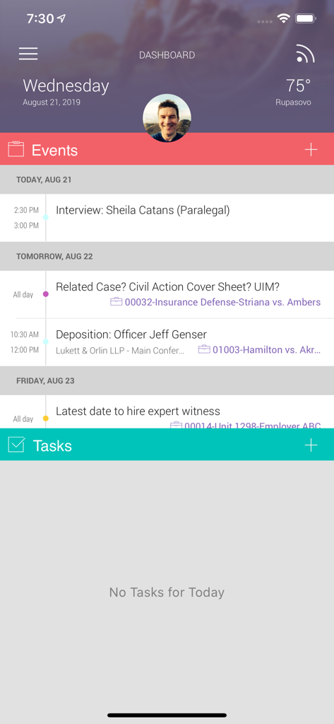 Dashboard of CARET Legal app showing scheduled legal events and tasks