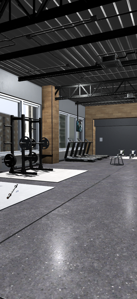 Want to Train my body - Interior moderno de un gimnasio con equipo de pesas y cintas de correr en un juego de escape.