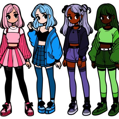 one girl with crop-top shirt and a jacket with a skirt, long socks and another girl with a shirt and pants with a jacket