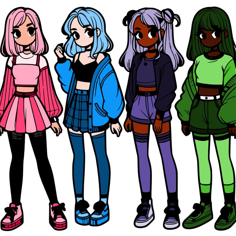 one girl with crop-top shirt and a jacket with a skirt, long socks and another girl with a shirt and pants with a jacket