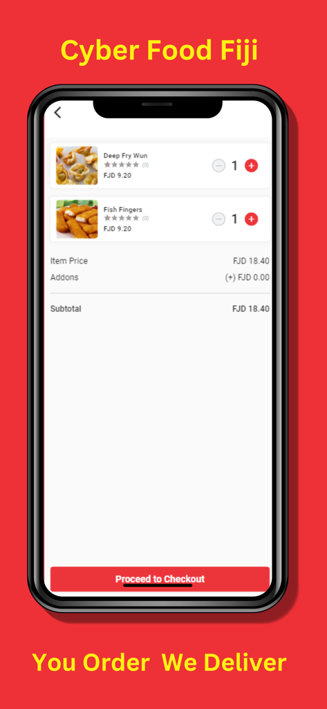 A screenshot of the Cyber Food Fiji app checkout page displaying an order of Deep Fry Wun and Fish Fingers.