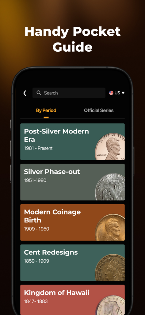 Screenshot of the CoinSnap app showing a pocket guide with different historical coin periods such as the Post-Silver Modern Era and Silver Phase-out.