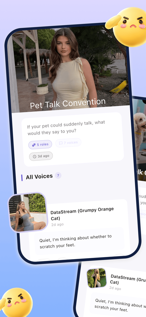 Interface of the Swiya app showing a themed roleplay gathering prompt and an anonymous user comment from a cat character.