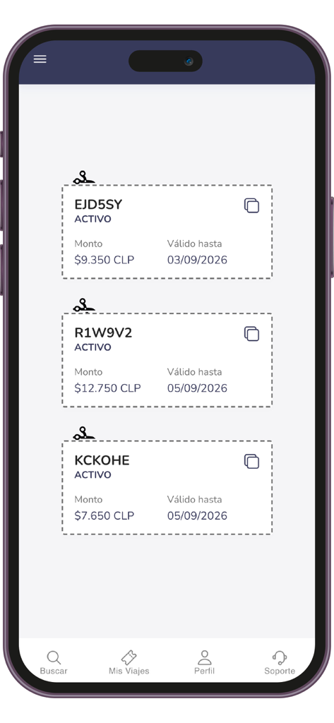Pullman Tur - Una lista de cupones de descuento activos y vales de viaje dentro de la interfaz de la app móvil Pullman Tur.