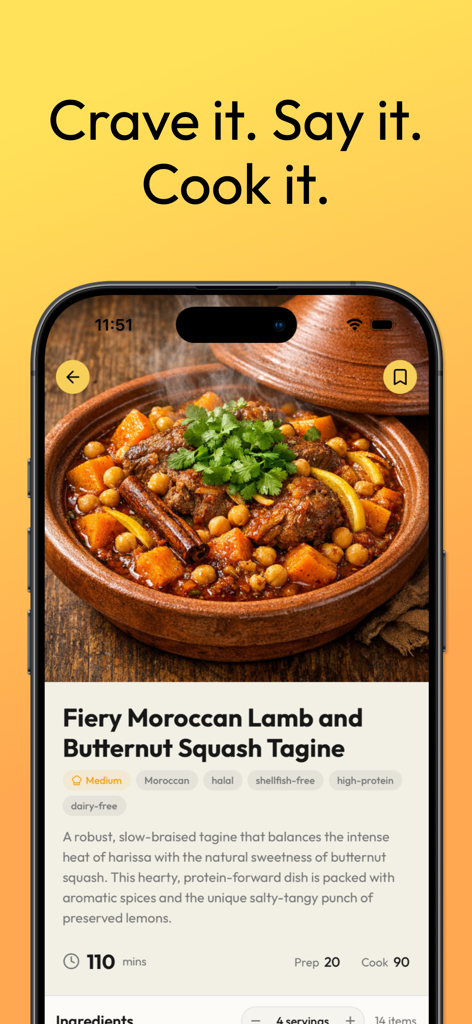 A mobile screen from the Dashi AI Recipes app showing a Moroccan Lamb and Butternut Squash Tagine with dietary tags and cooking times.