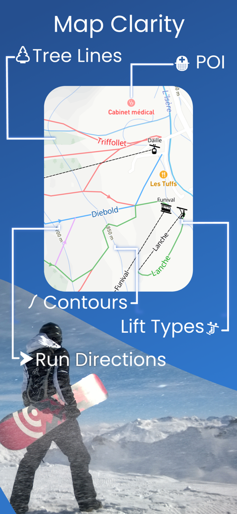 Piste: Ski Tracker - Une carte vectorielle détaillée d'une station de ski dans l'application Piste montrant les remontées, les pistes et les points d'intérêt.