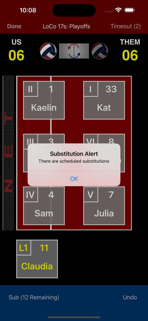Volleyball Lineup Tracker app displaying a substitution alert and team rotations on a court interface.