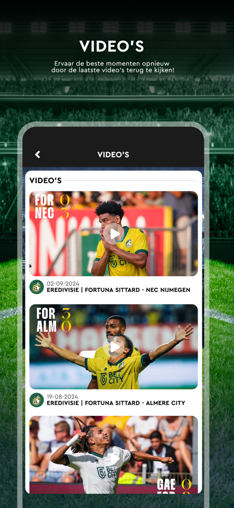 Fortuna Sittard - La pantalla de resúmenes de video de la aplicación Fortuna Sittard con clips de partidos y resultados finales.