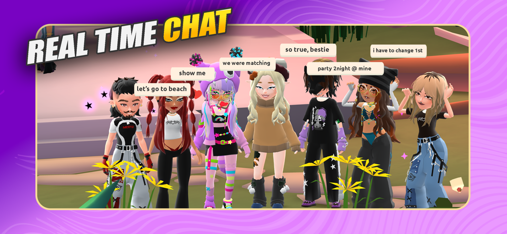 Hotel Hideaway: Avatar & Chat - Eine Gruppe vielfältiger und stilvoller 3D-Avatare, die in einem virtuellen sozialen Raum miteinander chatten