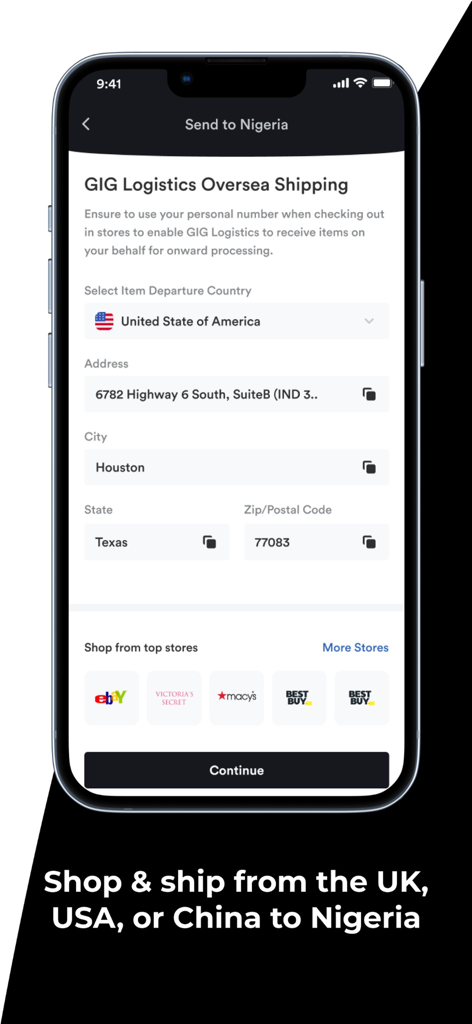 GIG LOGISTICS MOBILE - Interface of the GIGGO app for international shipping from the USA to Nigeria.