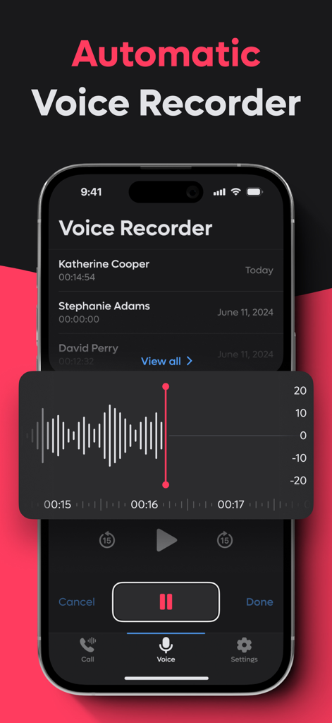 Interface of an automatic voice recorder app on iPhone displaying a list of recordings and an active audio waveform
