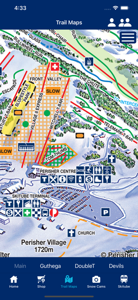 Perisher - Screenshot of the Perisher app showing a detailed ski trail map with lift and run locations