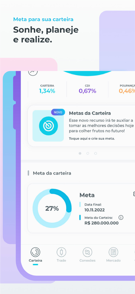 Kinvo: otimize investimentos - Kinvo app interface showing portfolio goal progress tracking and benchmark comparison with CDI and savings