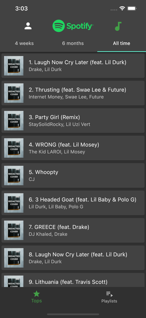 Screenshot of Staty for Spotify app showing a ranked list of the user's all time top songs
