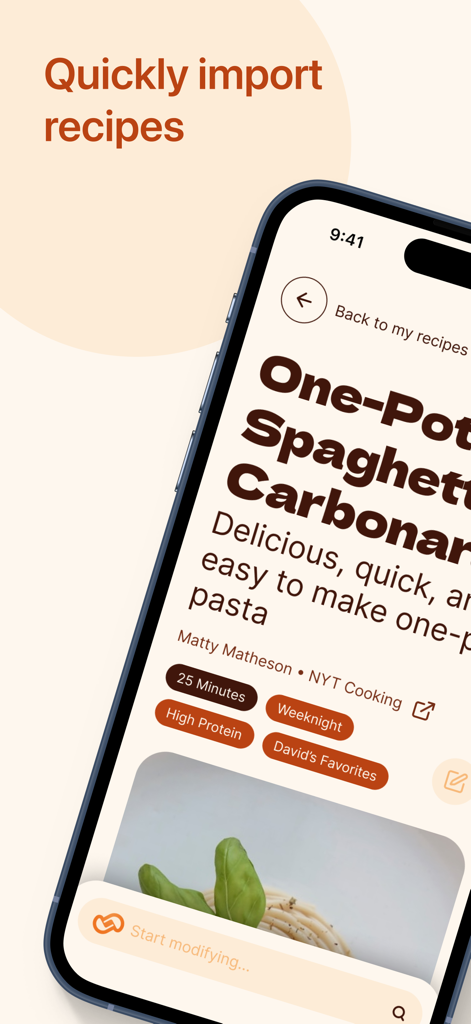 Un smartphone mostrando la interfaz de la aplicación Ladle con una receta de espaguetis a la carbonara en una sola olla importada de NYT Cooking