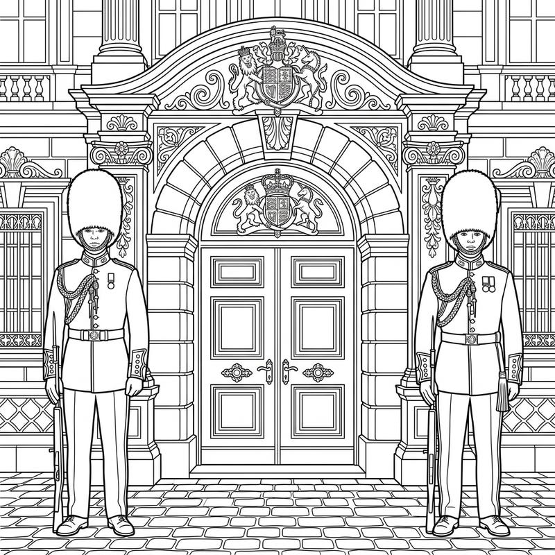 Capture the grandeur of a royal palace with this engaging coloring page featuring two distinguished Palace Guards. Designed with clear, bold lines, it offers a relaxing and cognitively stimulating artistic experience for seniors.