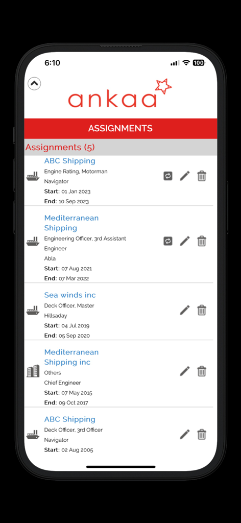 ankaa - A list of sea service assignments in the Ankaa app showing company names job titles and dates