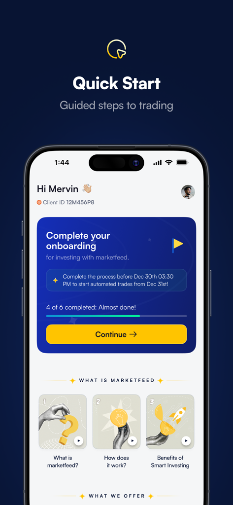 marketfeed - Quick start onboarding screen in the marketfeed app showing guided steps for trading and investing