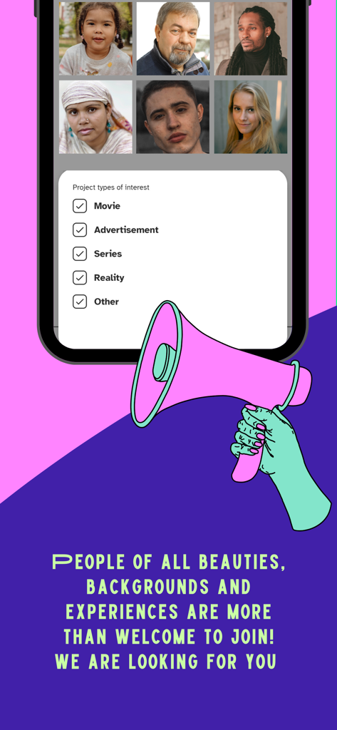 Faces by Helsinki Casting - Faces by Helsinki Casting app interface showing diverse actors and project type selections for movies and advertisements