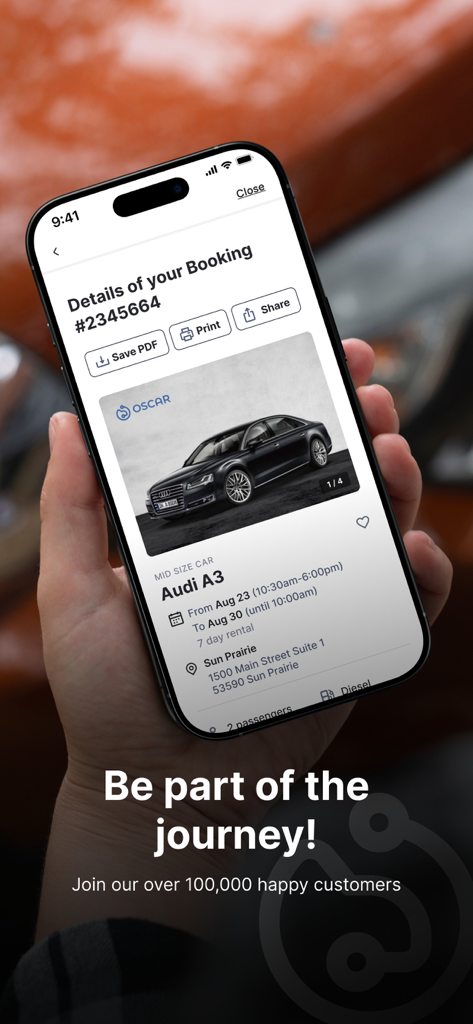 Oscar Car Rental - Oscar Car Rental app interface showing a confirmed booking for an Audi A3 with location and date details