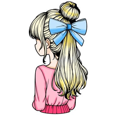 realistic girl  with hip length hair a bun and a big bow on the back of head