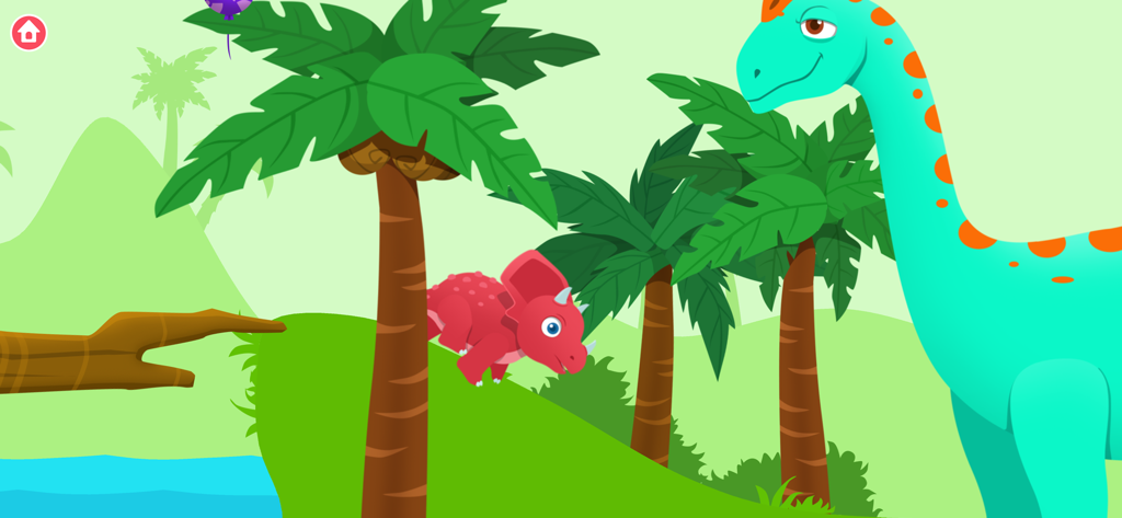 Dinosaur Park - Games for kids - カラフルなカートゥーンジャングルのシーンで、赤いトリケラトプスと大きなティール色のブラキオサウルス。