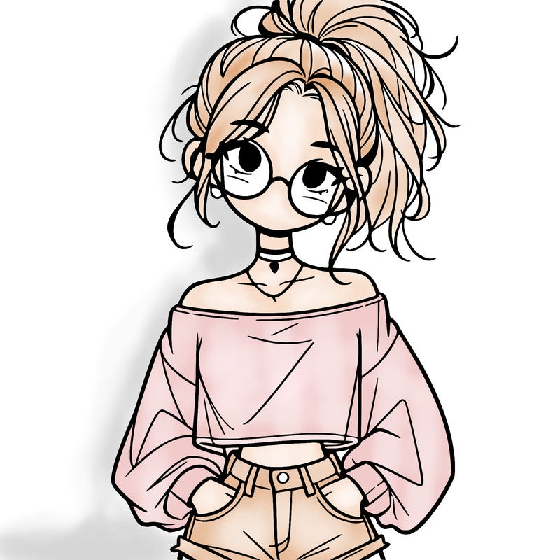 girl with a messy ponytail glasses a baggy crop top and jean shorts