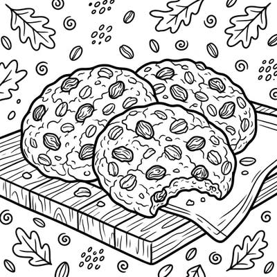 Get ready to color a trio of scrumptious oatmeal raisin cookies, complete with their signature textures and a satisfying bite. This delightful coloring page invites you to explore the comforting world of homemade baked goods.