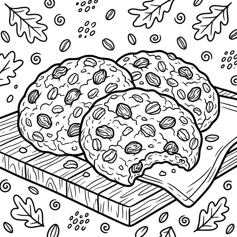 Get ready to color a trio of scrumptious oatmeal raisin cookies, complete with their signature textures and a satisfying bite. This delightful coloring page invites you to explore the comforting world of homemade baked goods.