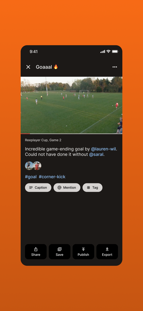 태그 및 공유 옵션이 있는 축구 골 하이라이트를 보여주는 Reeplayer 앱 인터페이스