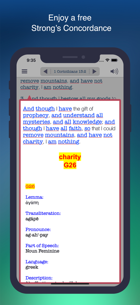 A mobile interface showing the Strongs Concordance Greek lexicon lookup for the word charity in the King James Bible