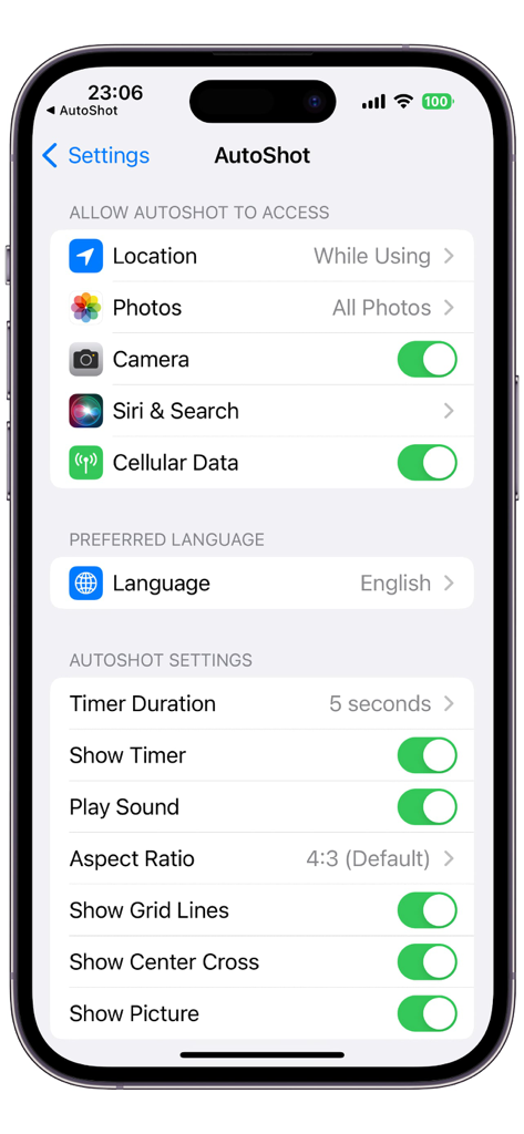 AutoShot Camera - Settings screen of the AutoShot Camera app on an iPhone showing permissions and photo capture options