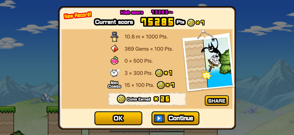 Pantalla de puntuación alta de Go! Go! Pogo Cat que muestra el desglose de puntos y las monedas ganadas después de una partida