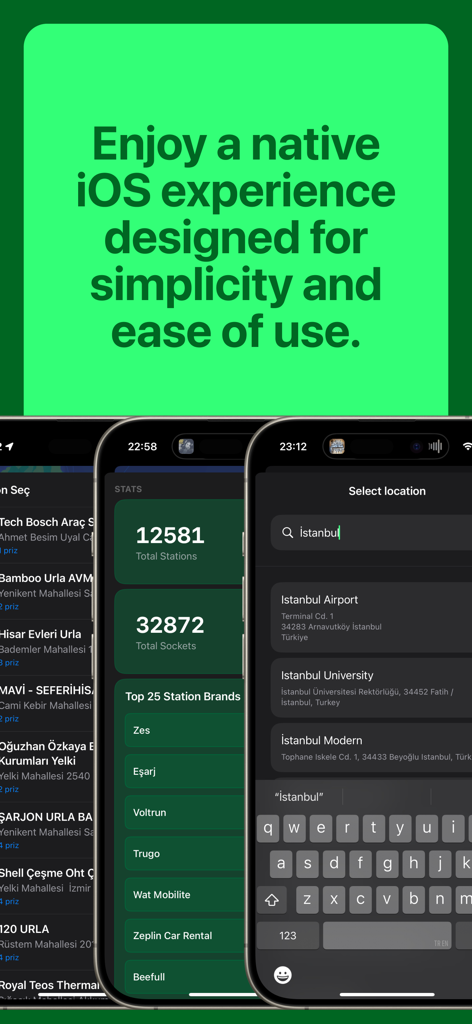 Chargy: EV Charging Stations - Chargy EV charging app screens showing station statistics and location search on iPhone