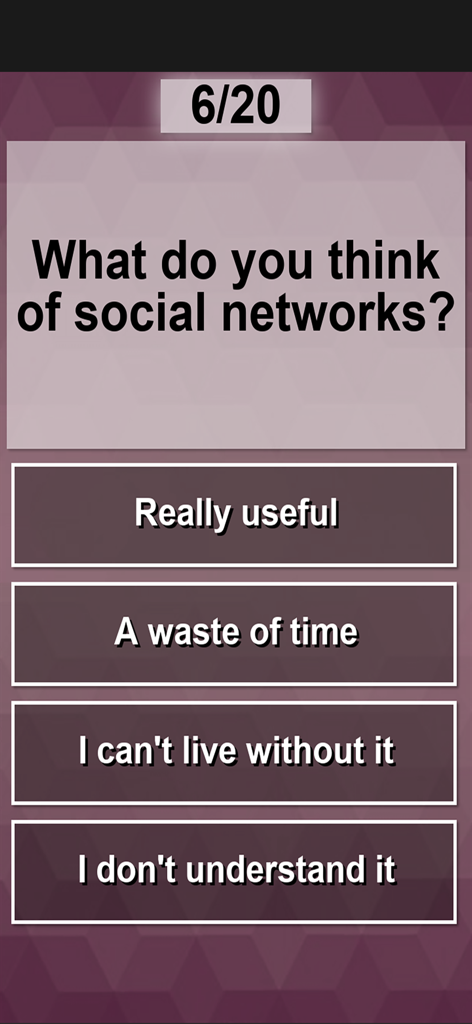 Une question à choix multiples de l'application Age Test demandant ce que l'utilisateur pense des réseaux sociaux.