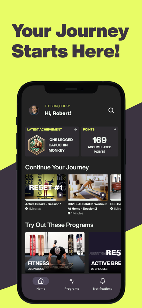 Gibbon Balance App - Gibbon Balance App home screen displaying user progress achievements and balance training programs