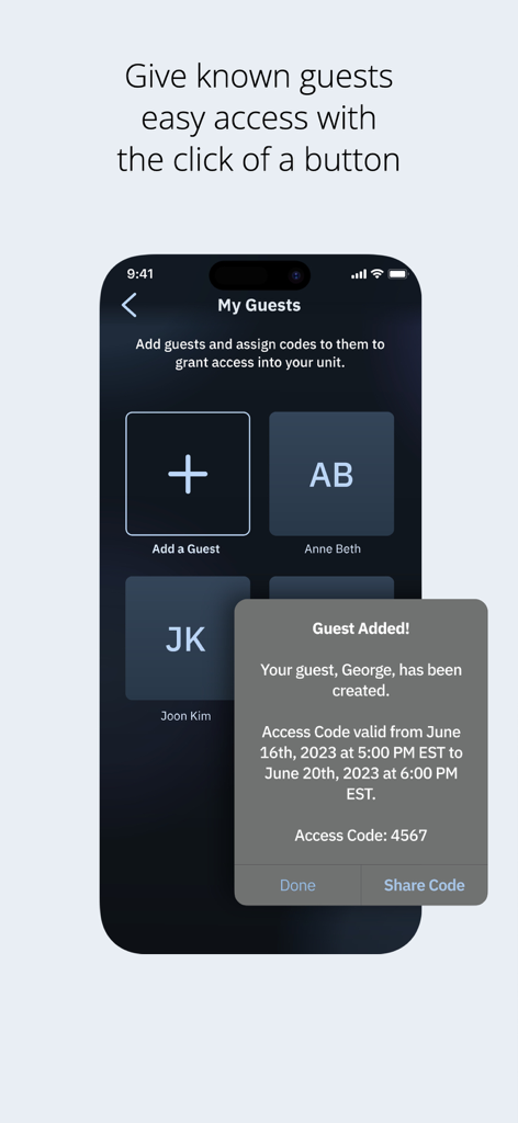 Interface of Brivo Mobile Pass app showing a guest added with a temporary access code.