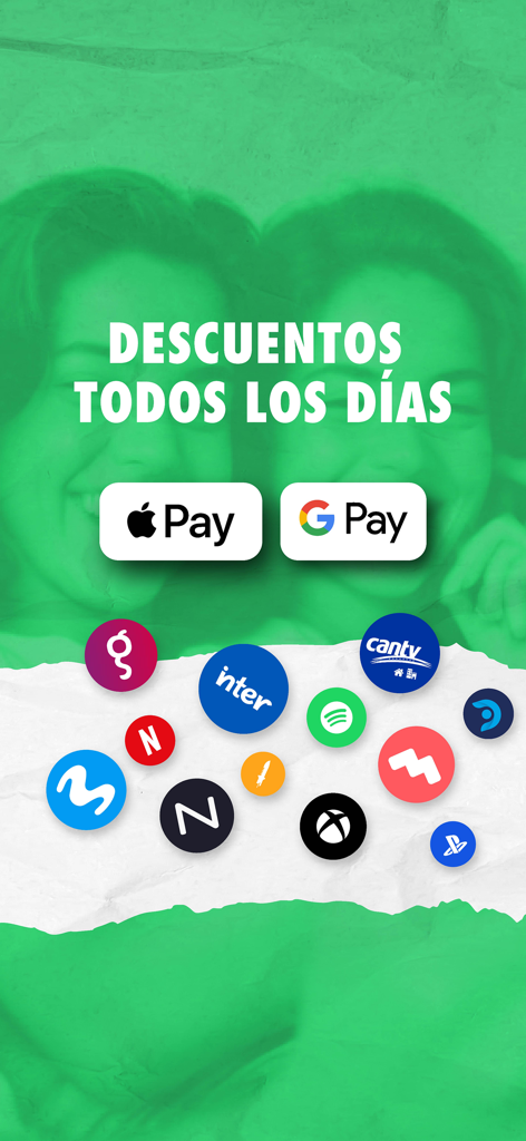 Recargas24hrs - Pantalla de la app Recargas24hrs mostrando descuentos diarios con Apple Pay y Google Pay para servicios como Digitel Cantv y Netflix