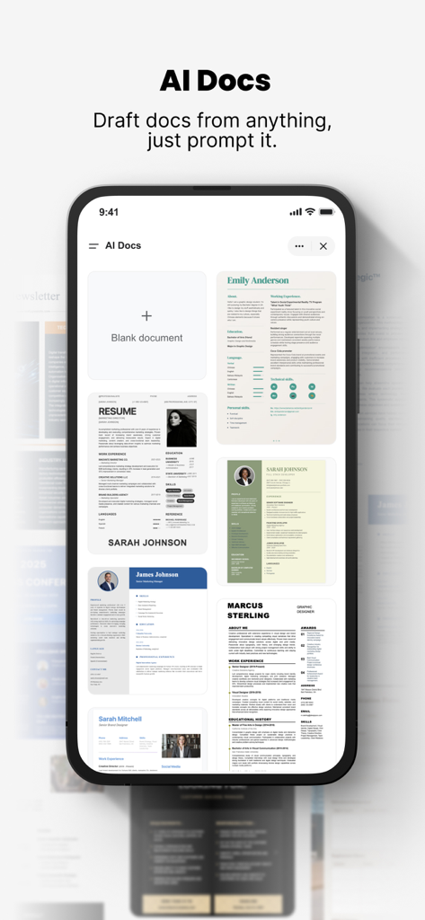Genspark AI Workspaceのモバイルアプリインターフェース。いくつかの履歴書テンプレートが表示されたAI Docs機能を示しています。
