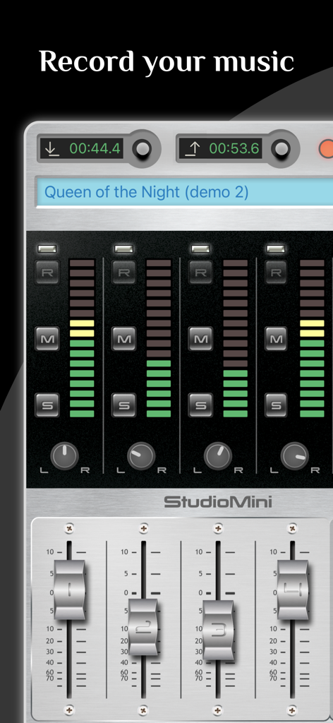 StudioMini - Music Recorder - StudioMini multitrack music recorder interface featuring a four track mixer with volume faders and level meters