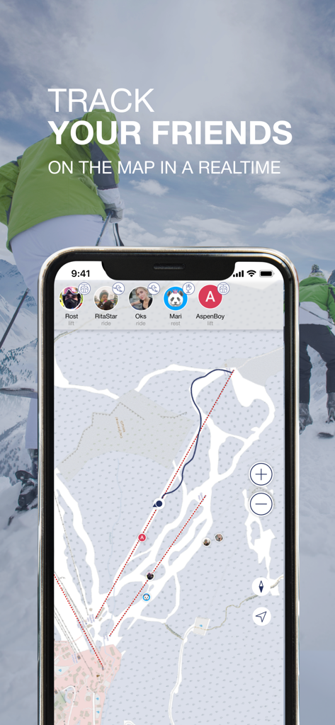 Pantalla de iPhone que muestra el seguimiento GPS en tiempo real de amigos en un mapa de estación de esquí