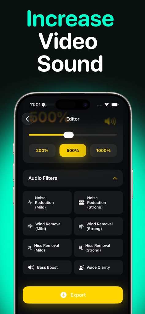 Interface of the Video Volume Booster app showing volume enhancement levels and professional audio filters like noise reduction and wind removal.