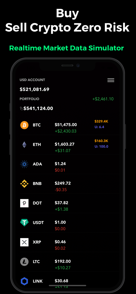 Crypto Trader : Cryptocurrency - Una interfaz de simulador de trading de criptomonedas que muestra una cartera virtual con precios en vivo de Bitcoin y Ethereum.