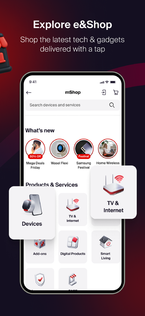 Una pantalla de smartphone mostrando la mShop de e and UAE con categorías para dispositivos y servicios de internet para el hogar.