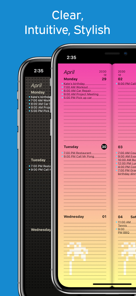 Week Agenda Ultimate - Week Agenda Ultimate app displaying colorful and dark weekly planner themes on iPhone